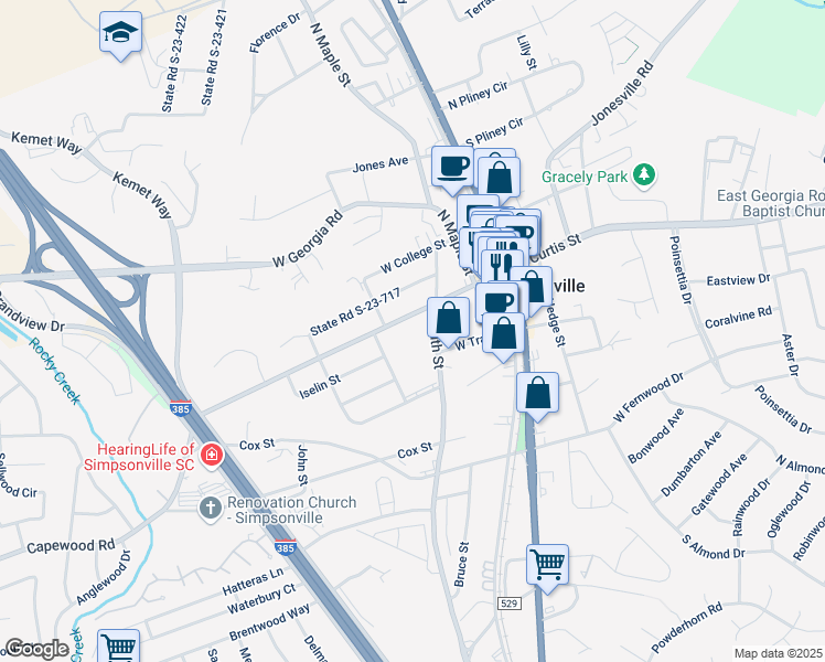 map of restaurants, bars, coffee shops, grocery stores, and more near 300 South Street in Simpsonville