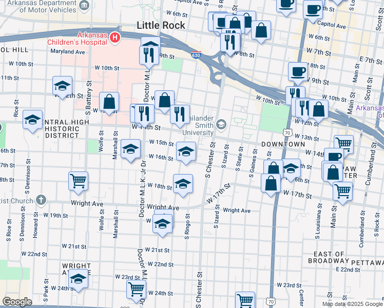 map of restaurants, bars, coffee shops, grocery stores, and more near 1118 West 16th Street in Little Rock