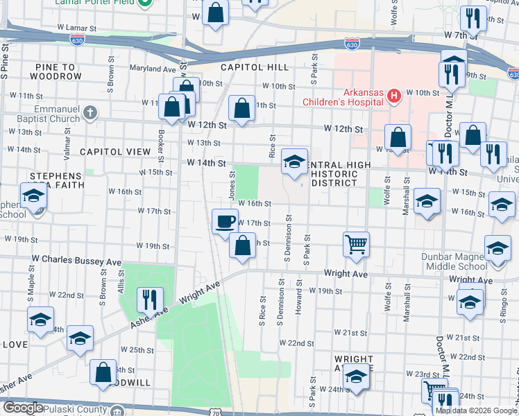 map of restaurants, bars, coffee shops, grocery stores, and more near 2417 West 16th Street in Little Rock