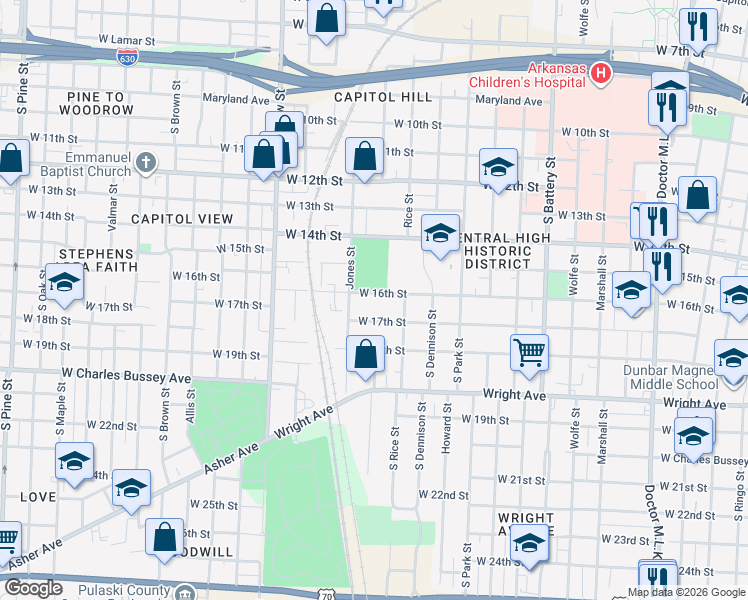 map of restaurants, bars, coffee shops, grocery stores, and more near 2417 West 16th Street in Little Rock