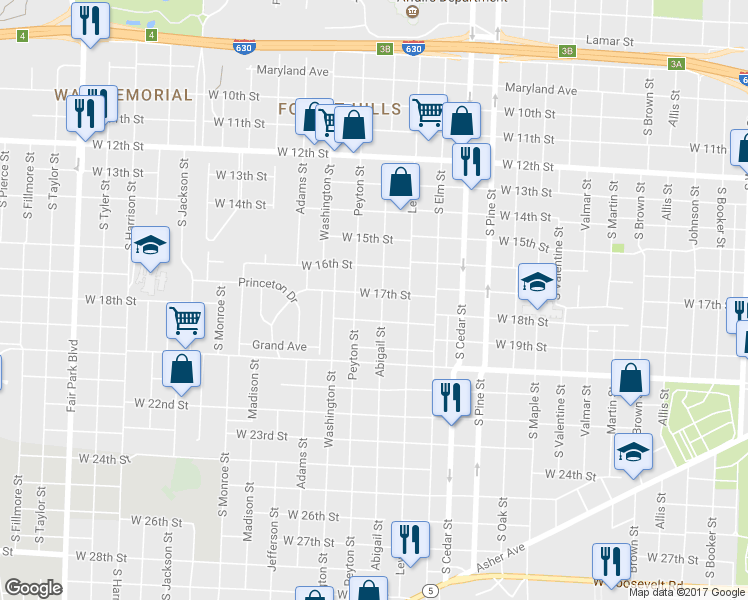 map of restaurants, bars, coffee shops, grocery stores, and more near 4305 West 17th Street in Little Rock