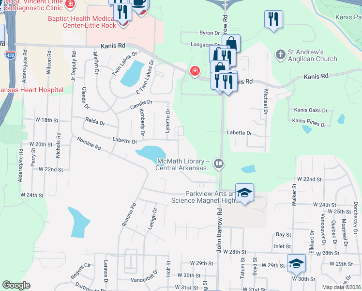map of restaurants, bars, coffee shops, grocery stores, and more near 1905 Labette Manor Drive in Little Rock
