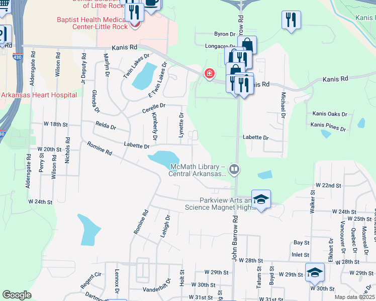 map of restaurants, bars, coffee shops, grocery stores, and more near 1905 Labette Manor Drive in Little Rock
