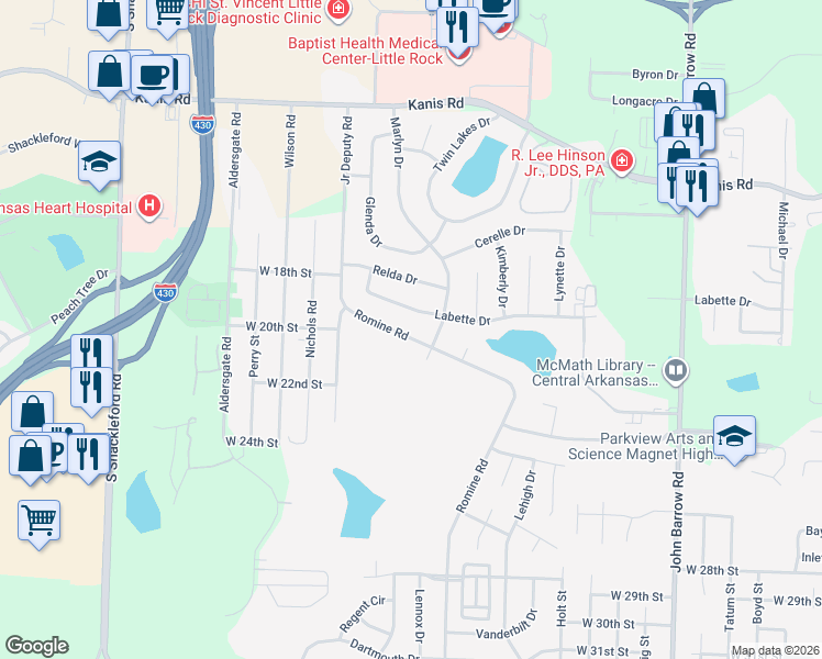 map of restaurants, bars, coffee shops, grocery stores, and more near 2001 Romine Road in Little Rock