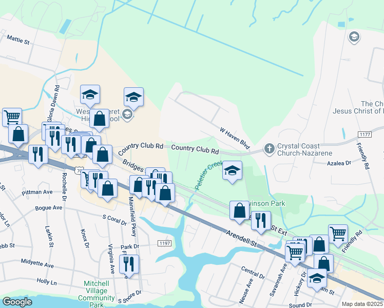 map of restaurants, bars, coffee shops, grocery stores, and more near 4513 Country Club Road in Morehead City