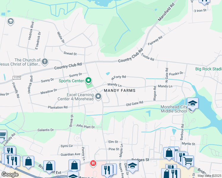 map of restaurants, bars, coffee shops, grocery stores, and more near 613 North Forty Road in Morehead City