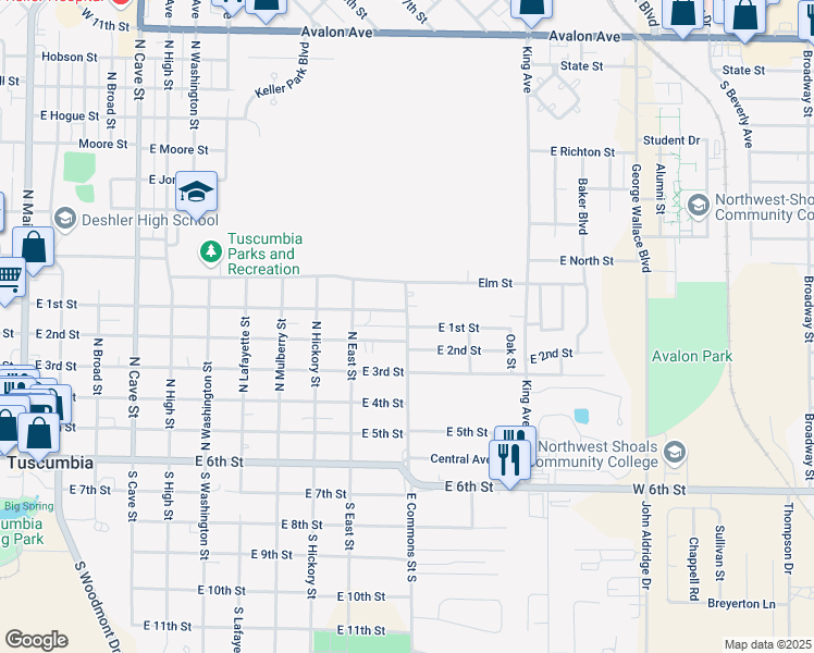 map of restaurants, bars, coffee shops, grocery stores, and more near 499 E Commons St N in Tuscumbia