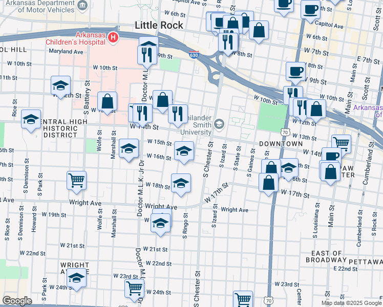 map of restaurants, bars, coffee shops, grocery stores, and more near 1510 South Ringo Street in Little Rock