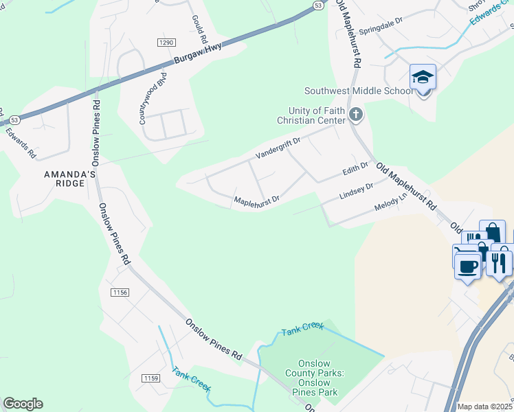 map of restaurants, bars, coffee shops, grocery stores, and more near Maplehurst Drive in Jacksonville