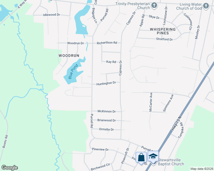 map of restaurants, bars, coffee shops, grocery stores, and more near 12440 Huntington Drive in Laurinburg
