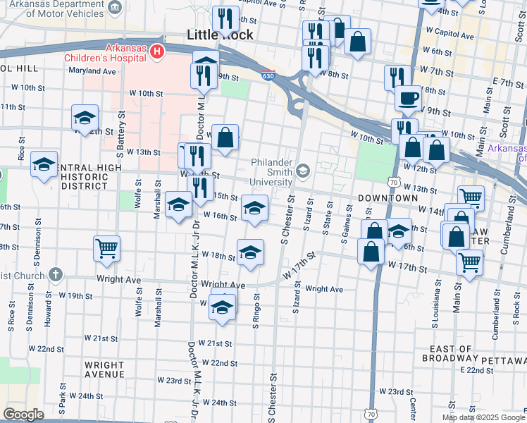 map of restaurants, bars, coffee shops, grocery stores, and more near 1510 South Ringo Street in Little Rock
