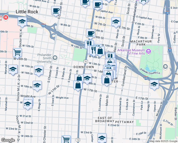 map of restaurants, bars, coffee shops, grocery stores, and more near 1410 South Spring Street in Little Rock