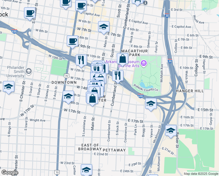 map of restaurants, bars, coffee shops, grocery stores, and more near 1315 Scott Street in Little Rock