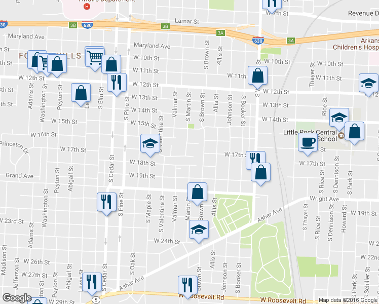 map of restaurants, bars, coffee shops, grocery stores, and more near 1617 South Martin Street in Little Rock