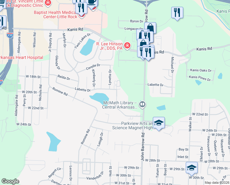 map of restaurants, bars, coffee shops, grocery stores, and more near 1900 Labette Manor Drive in Little Rock