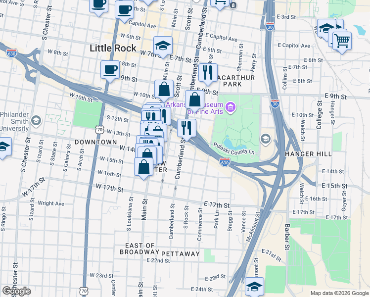 map of restaurants, bars, coffee shops, grocery stores, and more near 1310 Rock Street in Little Rock