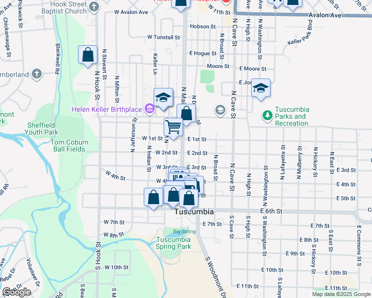 map of restaurants, bars, coffee shops, grocery stores, and more near 400 North Main Street in Tuscumbia