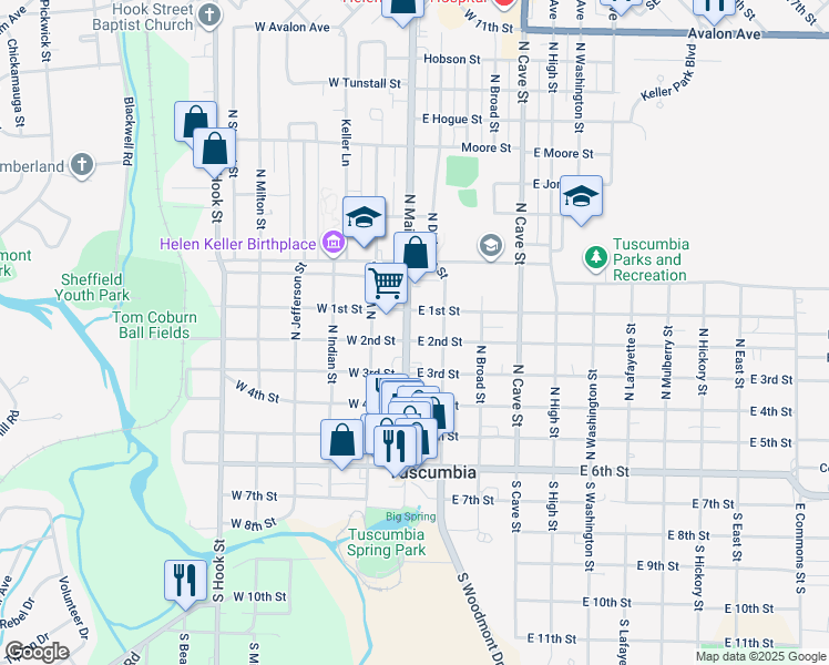 map of restaurants, bars, coffee shops, grocery stores, and more near 400 N Main St in Tuscumbia