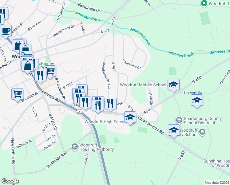 map of restaurants, bars, coffee shops, grocery stores, and more near 570 Briarcliff Drive in Woodruff
