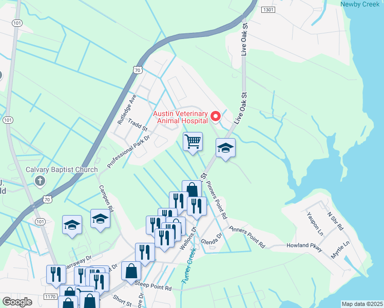 map of restaurants, bars, coffee shops, grocery stores, and more near 1901 Live Oak Street in Beaufort