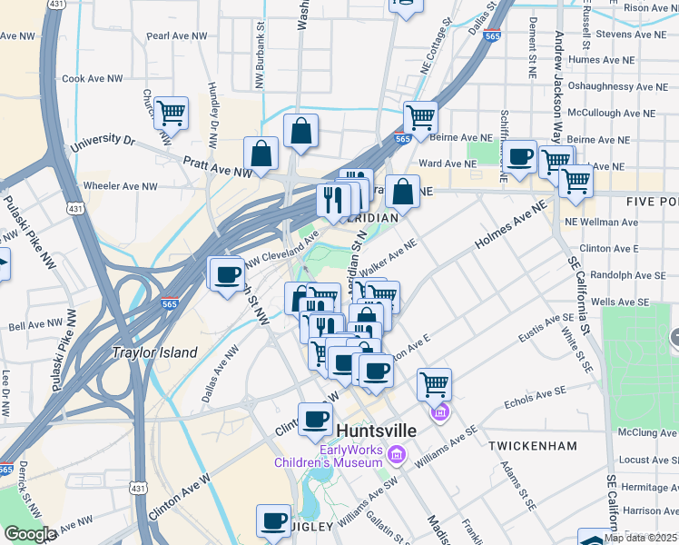 map of restaurants, bars, coffee shops, grocery stores, and more near 415 Meridian Street North in Huntsville