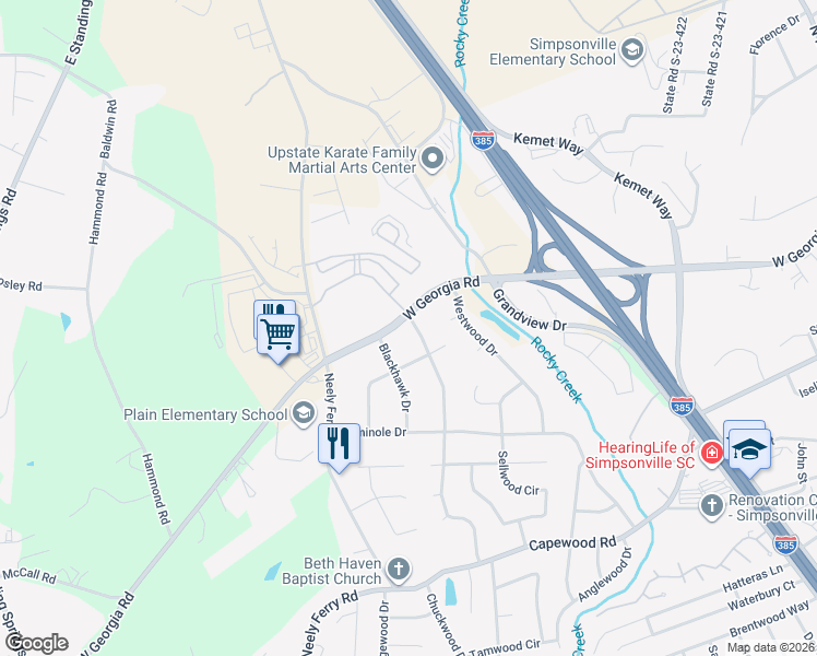 map of restaurants, bars, coffee shops, grocery stores, and more near 27362 West Georgia Road in Simpsonville