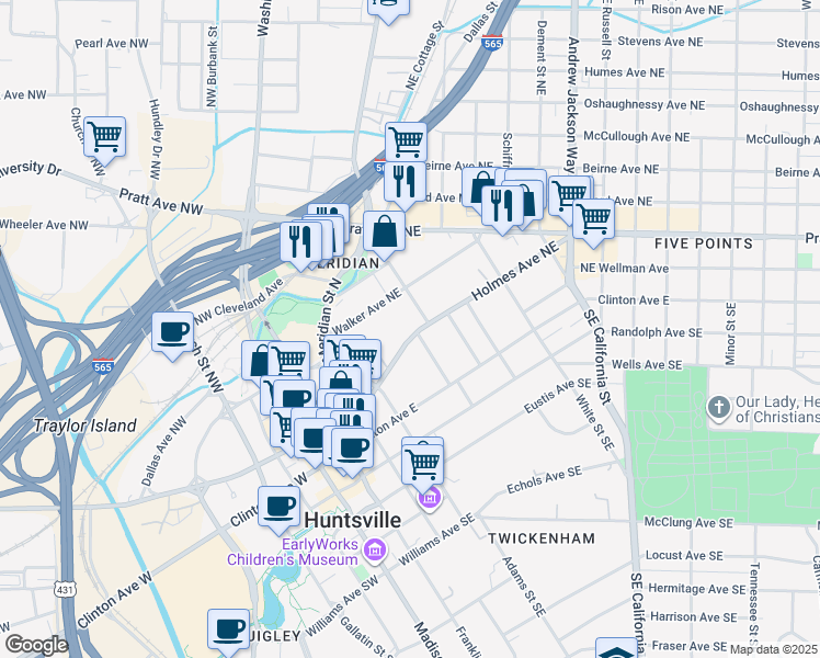map of restaurants, bars, coffee shops, grocery stores, and more near 424 Holmes Avenue Northeast in Huntsville
