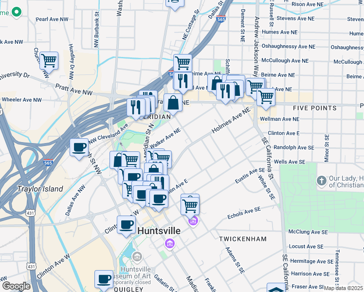 map of restaurants, bars, coffee shops, grocery stores, and more near 424 Holmes Avenue Northeast in Huntsville