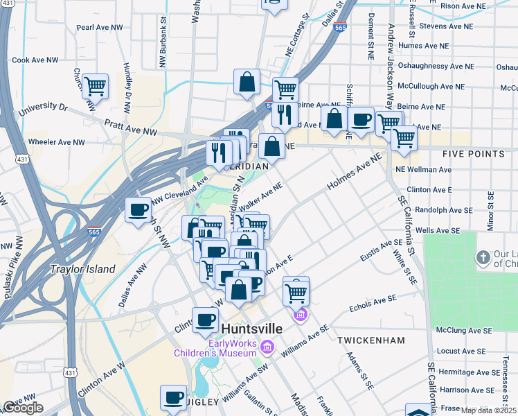 map of restaurants, bars, coffee shops, grocery stores, and more near 122 Walker Avenue Northeast in Huntsville