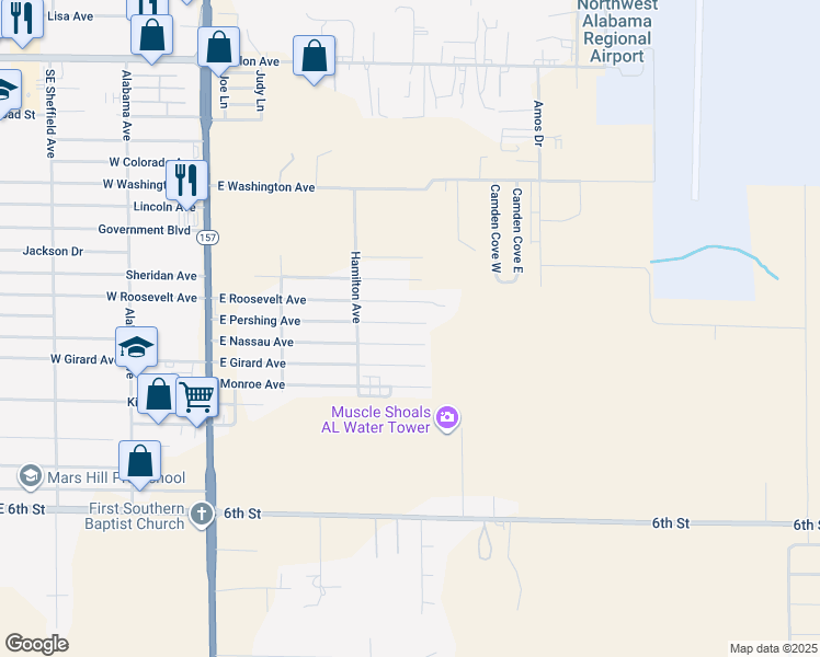 map of restaurants, bars, coffee shops, grocery stores, and more near 415 East Nassau Avenue in Muscle Shoals