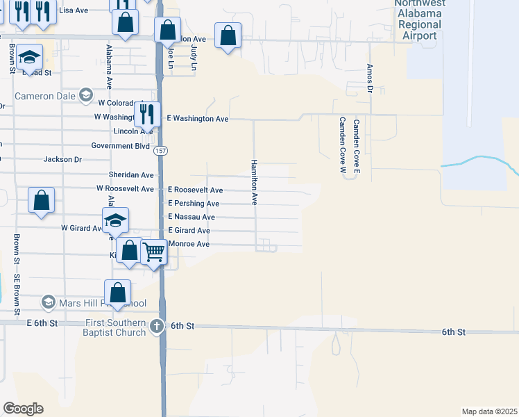 map of restaurants, bars, coffee shops, grocery stores, and more near East Nassau Avenue in Muscle Shoals