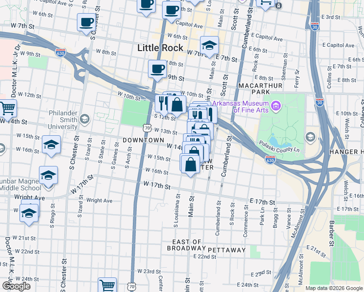 map of restaurants, bars, coffee shops, grocery stores, and more near 121 West Daisy L Gatson Bates Drive in Little Rock