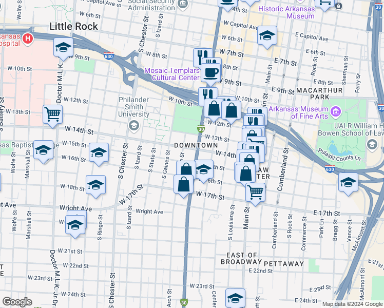 map of restaurants, bars, coffee shops, grocery stores, and more near 514 West 15th Street in Little Rock