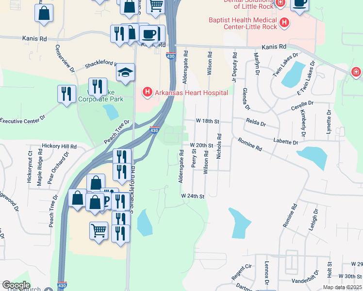 map of restaurants, bars, coffee shops, grocery stores, and more near 2015 Aldersgate Road in Little Rock