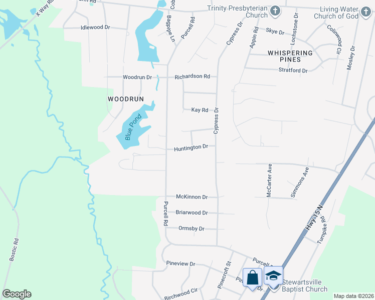map of restaurants, bars, coffee shops, grocery stores, and more near 12440 Huntington Drive in Laurinburg