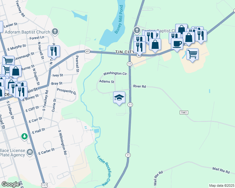 map of restaurants, bars, coffee shops, grocery stores, and more near 127 Washington Circle in Wallace
