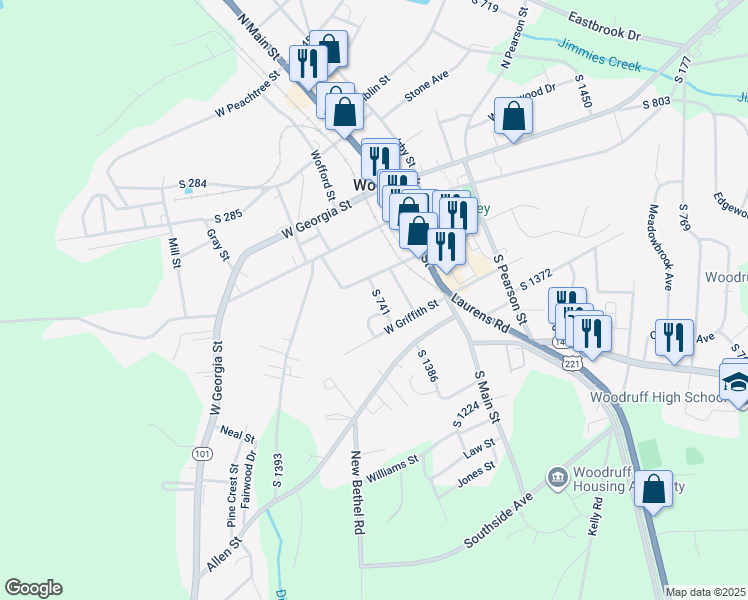 map of restaurants, bars, coffee shops, grocery stores, and more near 330 South 741 in Woodruff