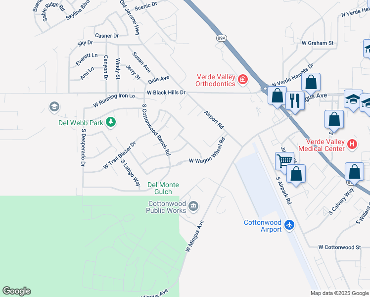 map of restaurants, bars, coffee shops, grocery stores, and more near 1605 West Bronco Lane in Cottonwood