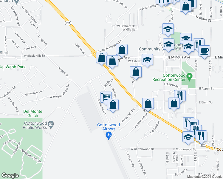 map of restaurants, bars, coffee shops, grocery stores, and more near 240 Jennifer Drive in Cottonwood