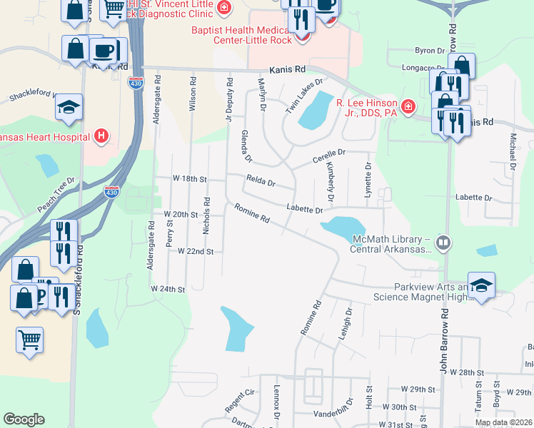 map of restaurants, bars, coffee shops, grocery stores, and more near 2001 Romine Road in Little Rock