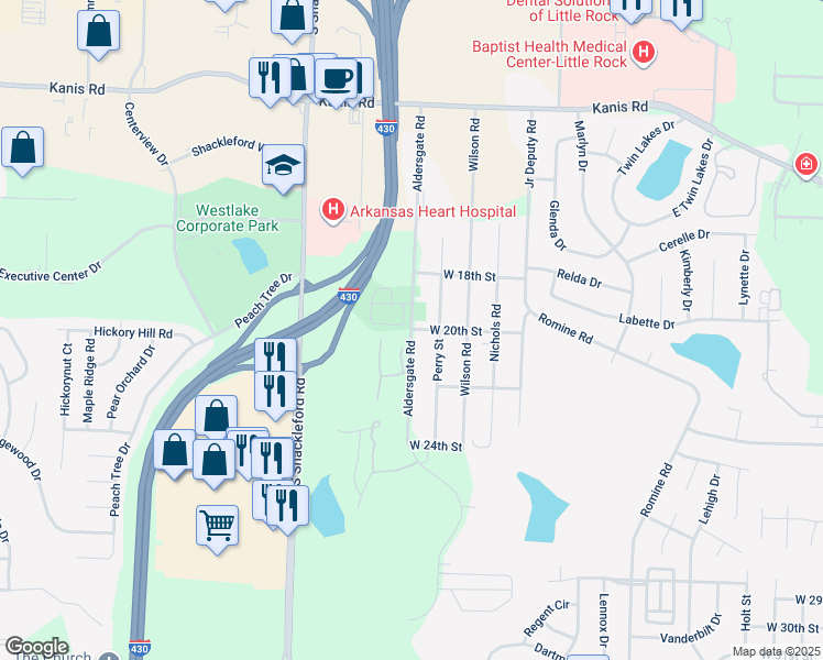 map of restaurants, bars, coffee shops, grocery stores, and more near 2000 Aldersgate Road in Little Rock