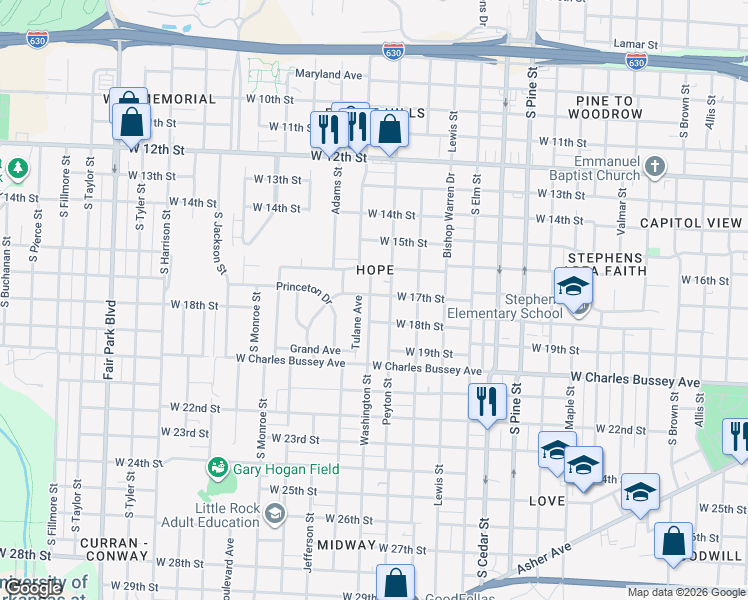 map of restaurants, bars, coffee shops, grocery stores, and more near 4423 West 17th Street in Little Rock