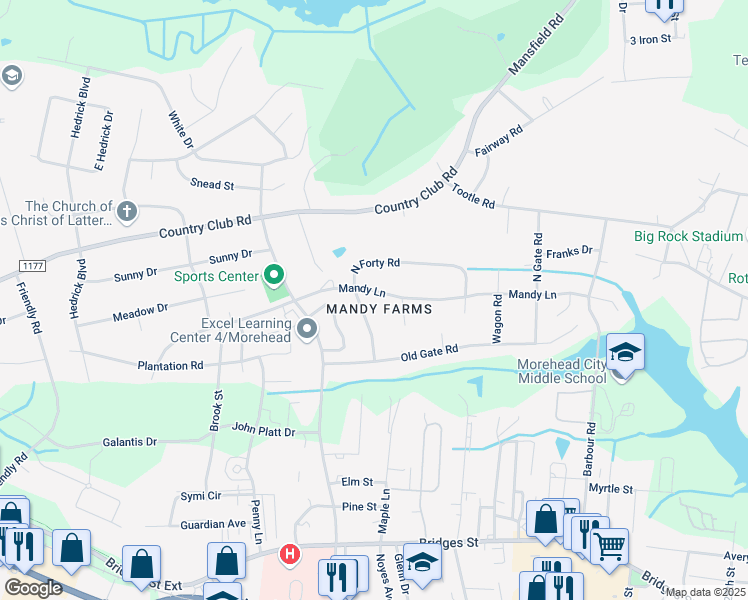 map of restaurants, bars, coffee shops, grocery stores, and more near 3319 Mandy Lane in Morehead City