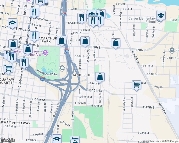 map of restaurants, bars, coffee shops, grocery stores, and more near 1300 Hanger St in Little Rock