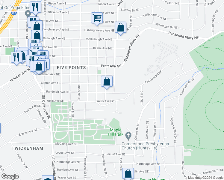 map of restaurants, bars, coffee shops, grocery stores, and more near 1601 Randolph Avenue Southeast in Huntsville