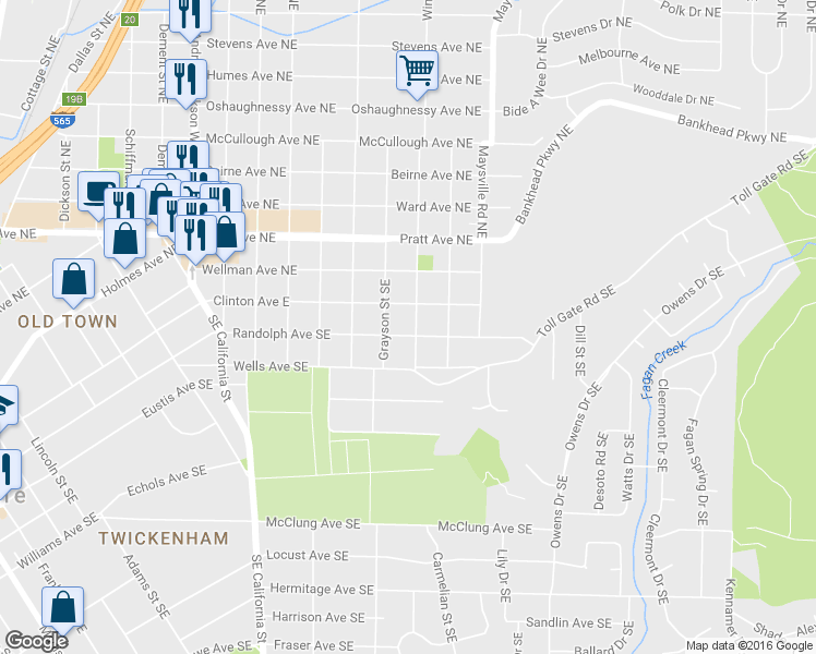 map of restaurants, bars, coffee shops, grocery stores, and more near 1416 Randolph Avenue Southeast in Huntsville
