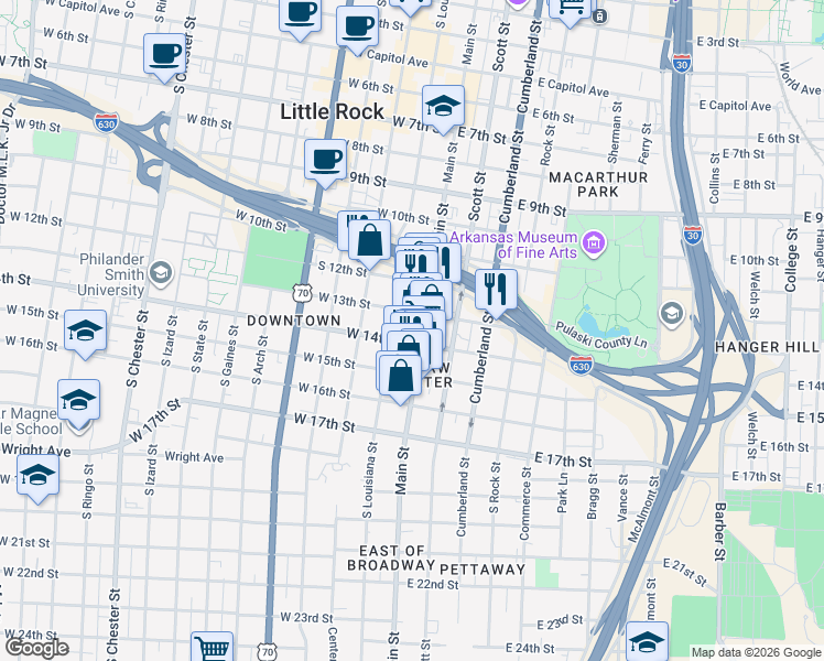 map of restaurants, bars, coffee shops, grocery stores, and more near in Little Rock