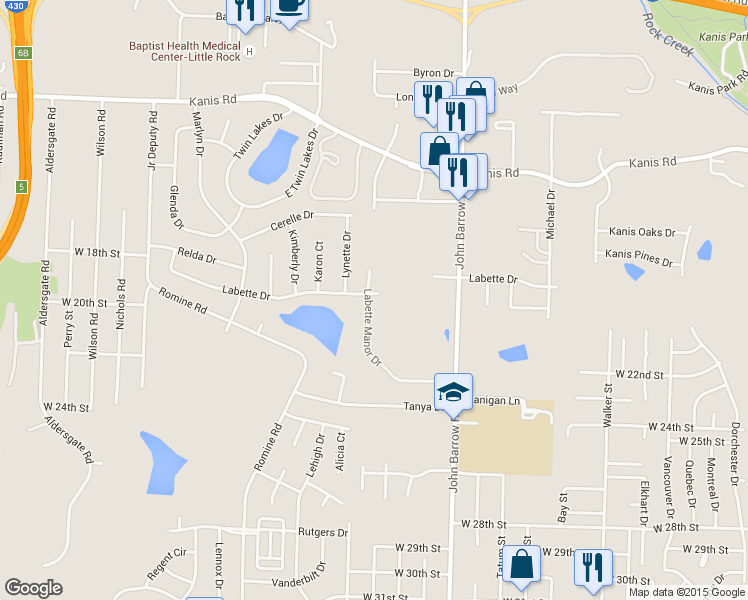 map of restaurants, bars, coffee shops, grocery stores, and more near 1905 Labette Manor Drive in Little Rock