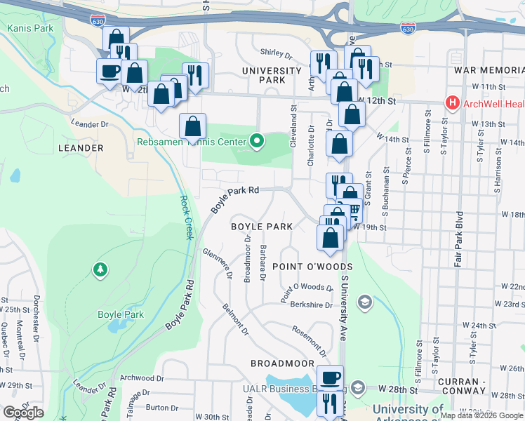 map of restaurants, bars, coffee shops, grocery stores, and more near in Little Rock