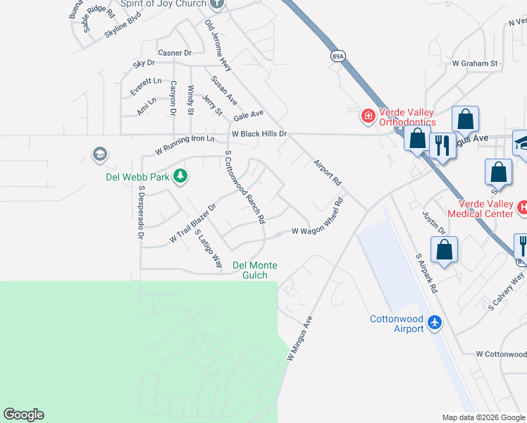 map of restaurants, bars, coffee shops, grocery stores, and more near 1700 West Bronco Lane in Cottonwood